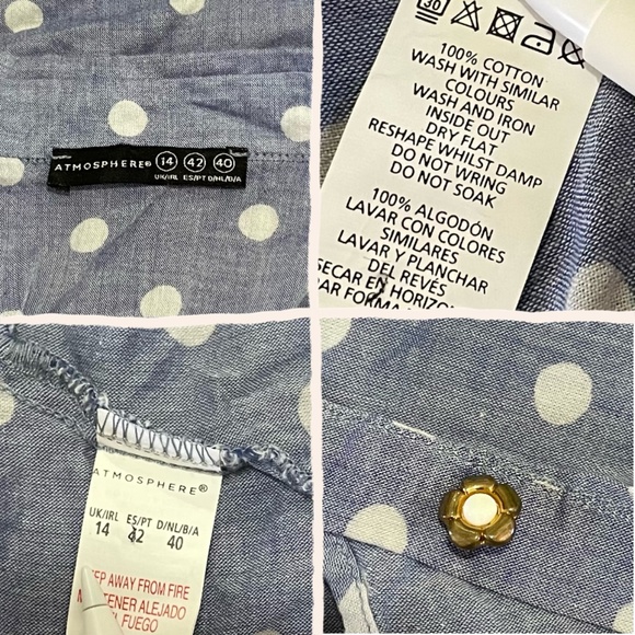 Denim polkadot sleeveless tie front top w/ flower gold & cream buttons. - Picture 4 of 4